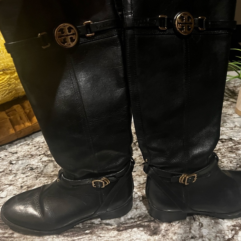 Tory Burch Black Leather Boots with Gold Accents
